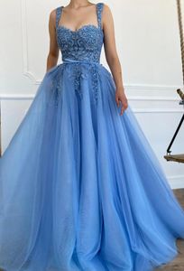 Vestidos de festa Tule de miçangas azuis A-line Long Prom Vals 2024 Design vestidos de Noche