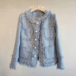 Kurtki damskie niebieska tweed kurtka cekinowa tkanina sprężyna/jesień/zimowy płaszcz Tassels Classic dam