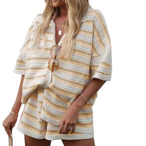 Women Casual 2 Pieces Set Loungewear Matching Suits Stripe Contrast Color Button Crochet Knit Blus TOPS SHORTS OUTFITS 240508