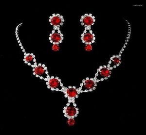 Necklace Earrings Set Elegant Red Blue Water Drop Rhinestone Pink Bride Jewelry Women Accessories3040966