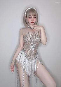 Casual Dresses Folk Dance Show Rhinestones Sequins Fringes Leotard For Women Sexy Mesh Transparent Performance Costume