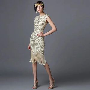 1920 S Vintage Sequins Dress ONeck Tassels Bodycon Beaded Party Flapper Long Dresses 240508