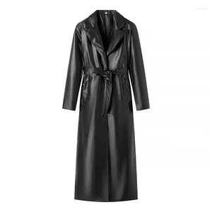 Женские траншеи Coats Y2K искусственная кожаная пальто для женщин 2024 Black Lace Up Роскошные элегантные длинные верхние женские рукав