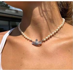 Pearl Necklaces Pin Saturn Beaded pendant Necklace Women Diamond Copper 18K Gold Plated Designer Jewelry Clavicle Mother of pearl 4093463