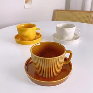 Muggar koreanska retro kaffe mugg cup vertikala ränder keramik och tefat sätt hushåll latte frukostmjölk havregryn 250 ml