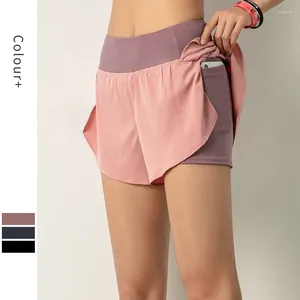 Shorts ativos rápida seco de cintura alta yoga esporte de ioga executando feminino de dupla camada treinamento de fitness com bolso de telefone