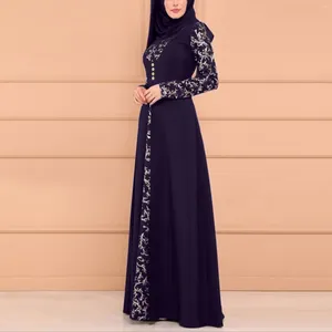 Ethnic Clothing Women's Muslim Dress Robe Summer Casual Middle Eastern Style Print Long Sleeve Patchwork Solid Islamic Arab