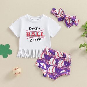 Conjuntos de roupas shorts de meninas de meninas definem letras de manga curta Imprima camiseta com beisebol e roupa de banda de cabelo 3-24M