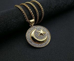 Hiphop hiphop smycken titanium stål guldpläterad muslimsk stjärna moon krigs flagga hänge halsband1262284
