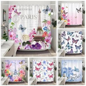 Shower Curtains Beautiful Butterfly Paris Tower Curtain Botanical Floral Colourful Printed Washable Bathroom Decoration