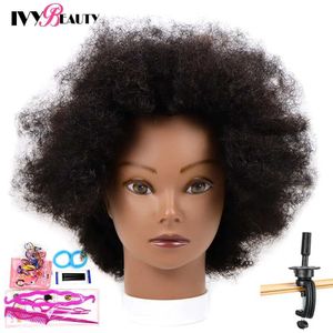 Mannequin Heads афроамериканский манекен Голова 100% настоящие волосы 16 -дюймовые парикмахерские, используемые для практики стиля Q240510