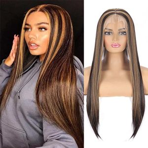 Wig Womens 13 * 4 Handwoven Front Lace Wig Interlayer 4/27 Long Straight Hair Chemical Fiber Head Cover