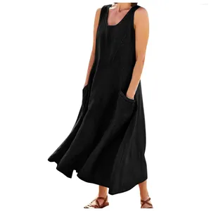 Casual Dresses 2024 Summer Women's Solid Color Retro Loose Cotton Linen Asymmetrical Hem Round Neck Sleeveless Dress Vestidos