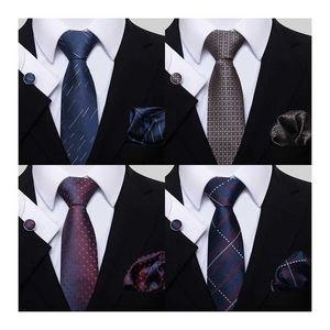 Neck Tie Set Jacquard Newest Silk Festive Present Solid Black Tie Handkerchief Cufflink Set Necktie Men Gravatas Shirt Accessories Wedding