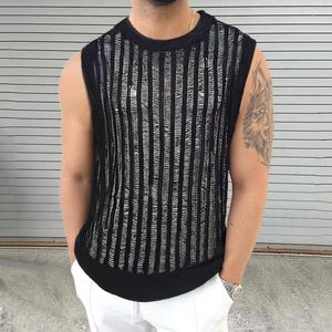 Men's Tank Tops Sexy See Through Breathable Knit Top Mens Summer Casual Sleeveless Crew Neck Knitted Camisoles Men Vintage Slim Vest Male