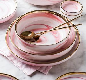 Rosa marmor keramisk middag skål tallrik ris sallad nudlar skål soppplattor porslin servis uppsättningar bordsartikel kök kock verktyg T25326303