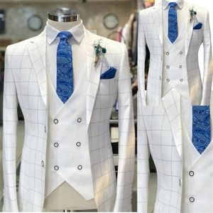 Vita män kostymer kontroll mönster bröllop smoking formell slitage anpassad stilig festdräkt kappa väst vit byxa 296o