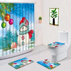 Shower Curtains Christmas Decoration Curtain 4PCS Set Pine Snowman Winter Bathroom Product Soft Anti Slip Bath Mat Toilet Lid Cover Rug