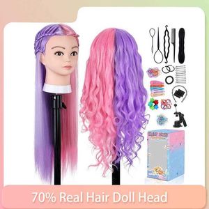 Mannequin Heads 70% real hair doll head used for practicing curly and straight 66cm braided training human model Q240510