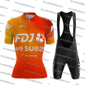 Гоночные наборы 2024 FDJ Suez Cycling Jersey Set Orange Ropa Ciclismo hombre Женские шорты с коротким рукавом быстро сушеный