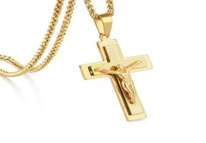 Religious Crucifix Pendant Necklaces Men Gold Silver Color Stainless Steel Jesus Piece Cross Link Chain Jewelry Gift MN2047655260