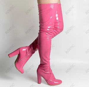 Rontic New Women Spring Thigh Boots 유니osex 특허 가죽 블록 힐 둥근 발가락 화려한 주황색 보라색 파티 신발 미국 크기 5201354677