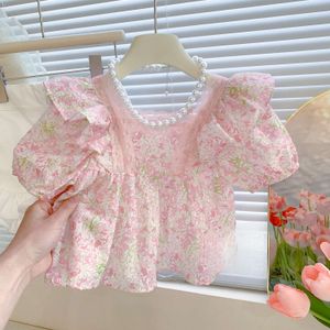 Crianças de verão Crianças coreanas de manga curta Top Girls Temperamento Baby Sweet Pink Lace camisa