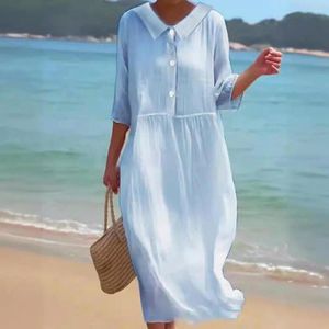 Casual Dresses Dress Elegant Doll Collar Midi For Women Chic Pleated Pullover With Button Detail Stylish Wear Summer Long