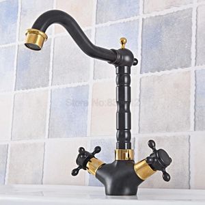 Mutfak Muslukları Siyah Altın Renkli Pirinç Döner Spout Çift Çapraz Tutamak Banyo Lavabo Musluk Mixer Tap TSF799