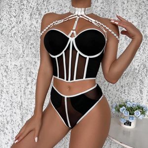 Bras Sets Strap Stitching Lingerie Set Women'S Sexy Suit Mesh Underwear Heavy Craft Metal Hanging Neck Lingeries For Woman