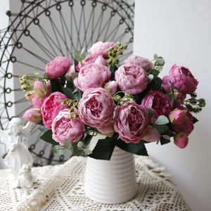 Flores decorativas 5 cabeças peony artificial el bouquet vaso home decoração diy rosa rosa flor falsa festa decoração de decoração de suprimentos