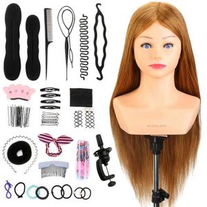 Mannequin Heads Human Model Head 24 Inches 80% riktigt hår med axelfrisyr Virtuell dockfrisör som övar vävningsträning Curl Kit Q240510