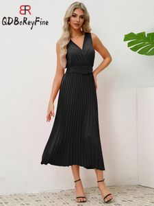 Casual Dresses Summer Pleated Dress for Women 2024 Elegant Office Ladies Sleeveless Tunic Evening With Belt Maxi