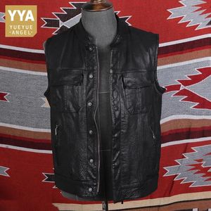 Vintage Mens Biker Sleeveless Vest Jacket Top Stand Collar Pockets äkta lädermästerta Harajuku Casual Streetwear Vests 240509