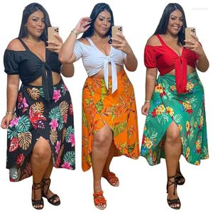 Work Dresses Bohemian Style Women Sexy Two Piece Sets With Floral Printing Plus Size Lady V-neck Lace-Up Crop Tops High Split Skirts Outfits