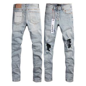 Lila jeans herrar lyxdesigner byxa staplade byxor Biker broderi rippade för trendstorlek män tårar europeiska jean hombre byxor