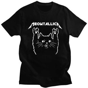 Men's T-Shirts Funny Cat Meowtallica Cat Rock Music Print T-Shirts Rock Music Men Tops Fashion Oversized T Comfortable Unsiex Couple Wears T240510