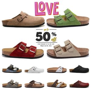 Designer Bostons tolera chinelos de Burkenstocks Bostons entupimento sandálias masculinas Mulheres de cortiça Flipim de camurça de camurça de couro Flip Flip Flifle Strap Cotton Platform Slides