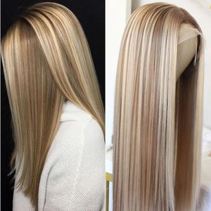 Highlight Brown Lace Front Wig Long Straight Synthetic Lace Wigs For Women Middle Part Highlight Blonde T Part Glueless Lace Wig