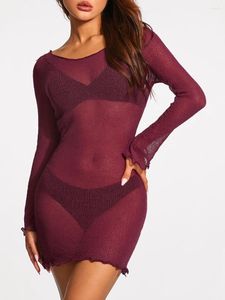 Women Summer Solid Color Bikini Cover-Ups See-Through Long Sleeve Backless Beach Knitted Mini Dress Swimwear Sunscreen