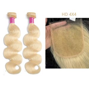 613# Blond färg rak kroppsvåg indisk jungfrulig mänsklig hår 2 buntar med HD 4*4 spetsstängning gratis del 10-30 tum