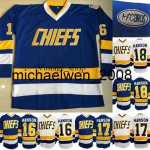 Vin Weng Charlestown Jersey Mens Hanson Brother Slap Shot 16 17 18 Hanson Movie Hockey Jersey economico Spedizione veloce blu Blue White S-3xl