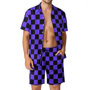 Herrspårar Kontrollera tryckstrand män sätter svart och lila casual skjorta set Summer Printed Shorts Two-Piece Fashion Suit 2xl 3xl