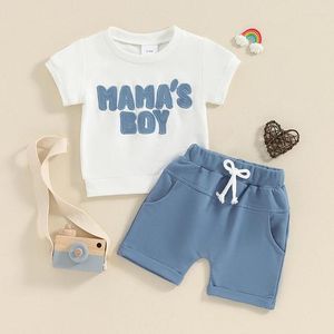 Roupas conjuntos de roupas para criança menino de menino de verão mamas letra bordado de manga curta t-shirt tops shorts sólidos