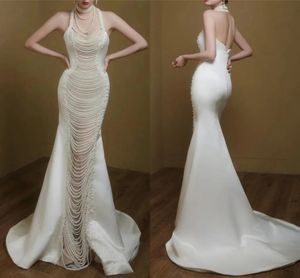 Luxury Mermaid Evening Prom Dress Sleeveless High Neck Pearls Halter Appliques Sparkly Sequins Beaded Bridal Gowns Custom Made BC18820