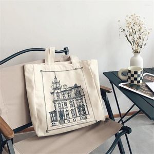 Shoppingväskor kvinnor retro duk axelväska arkitektonisk skiss oljemålning böcker harajuku ulzzang japanska handväskor tote