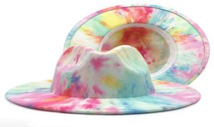 Sping New Women Men Wool Felt Jazz Fedora Hats With Double Sided Tie Dye Wide Brim Jazz Church Panama Colorful Cap5819567
