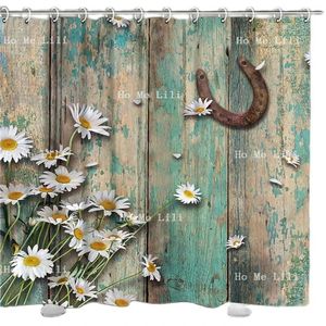 Shower Curtains Rustic Farmhouse Country Curtain American Western Style Horse Daisy In Teal Brown Barnwood With Hooks Retro Bath Decor