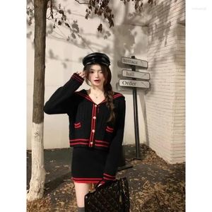 Work Dresses Sweet Girl Black Knitted Suit Women's Autumn Sailor Collar Sweater Cardigan Mini Skirt Two-piece Set Fashion Female Clothes