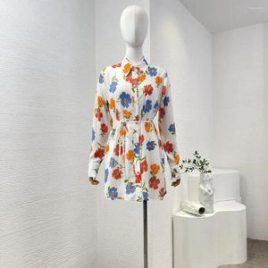 Casual Dresses Spring Summer Collection White Flowers Print Long Sleeve Self Tie Belt Shirt Mini Dress for Women